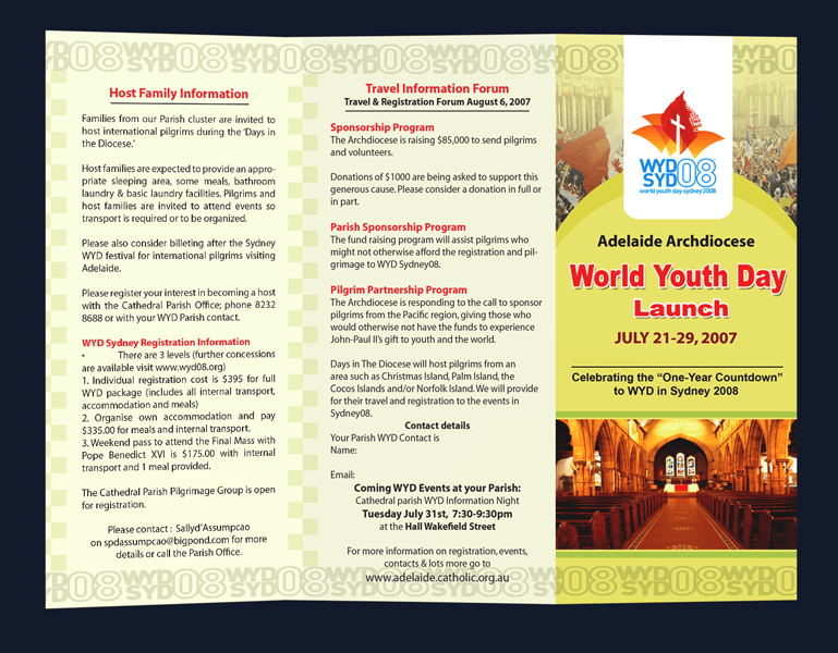 Brochure design WYD Launch Adelaide Brochure design for World Youth Day festival in Adelaide.