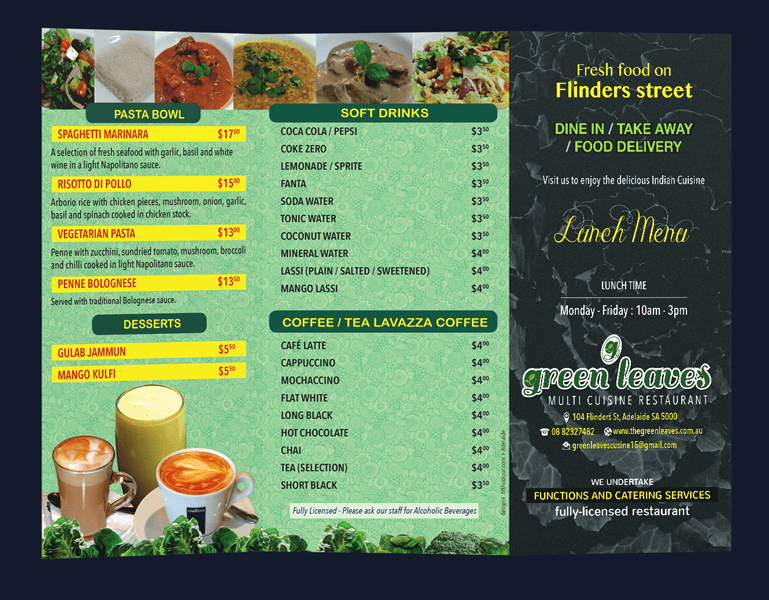 Brochure design Greenleaves Restaurant Adelaide Greenleaves Restaurant menu brochure design