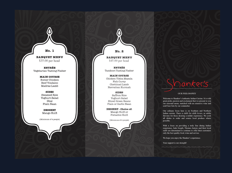 Brochure design shankers restaurant Adelaide restaurant menu brochure design Shanker's Indian Restaurant.
