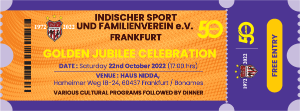 Event ticket Golden Jubilee celebrations event ticket design Indischer sports Golden Jubilee celebrations, Germany